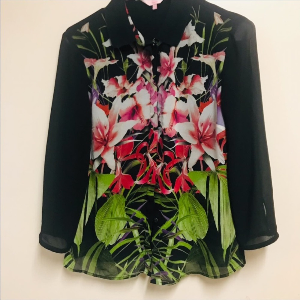 Ted Baker London Floral Sheer Long Sleeve Black 1